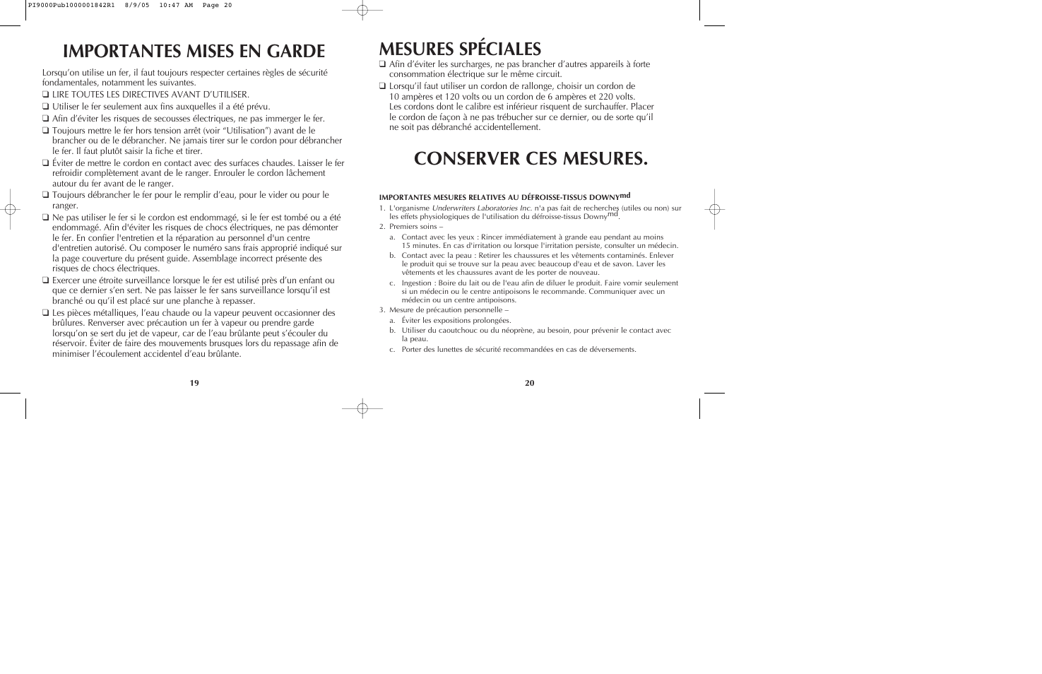 Mesures spéciales, Conserver ces mesures, Importantes mises en garde | Black & Decker PI9000 User Manual | Page 11 / 19