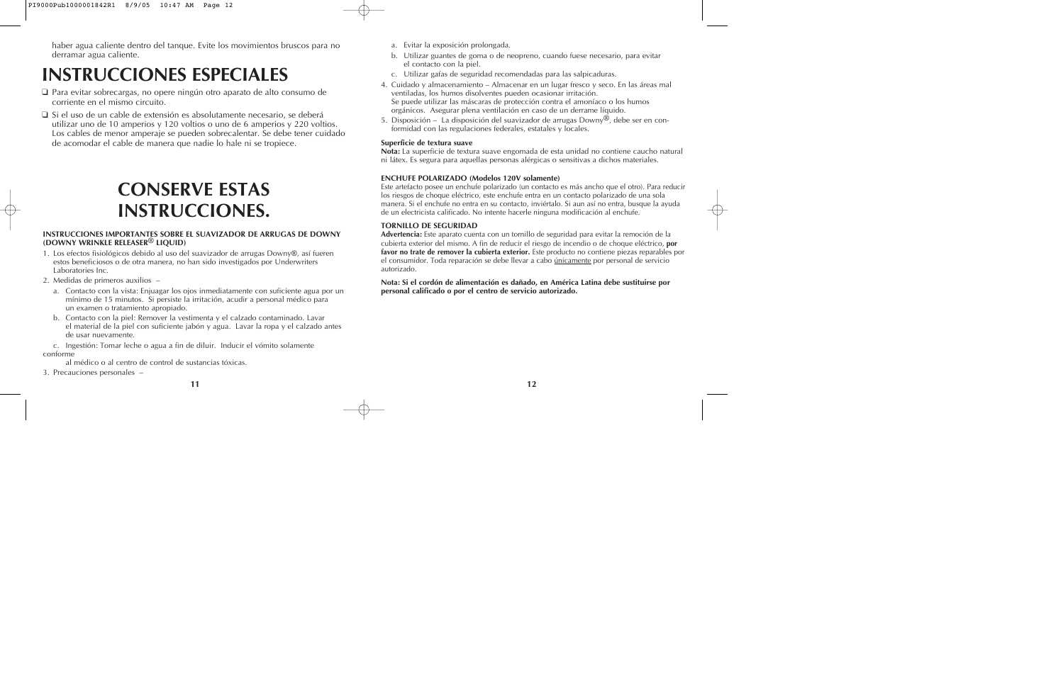 Instrucciones especiales, Conserve estas instrucciones | Black & Decker PI9000 User Manual | Page 7 / 19