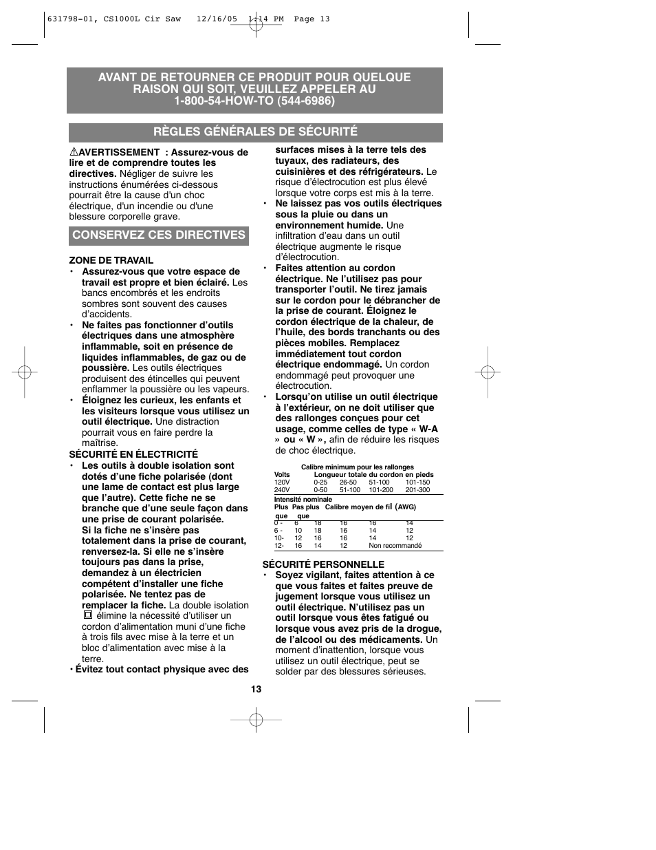 Sa ve thestructions, Conservez ces directives | Black & Decker CS1000L User Manual | Page 13 / 38