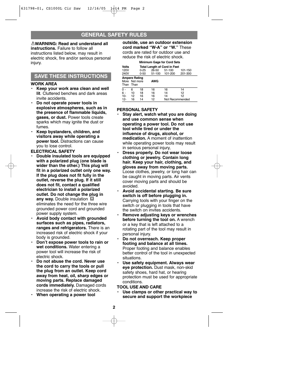 Save these instructions, General safety rules | Black & Decker CS1000L User Manual | Page 2 / 38