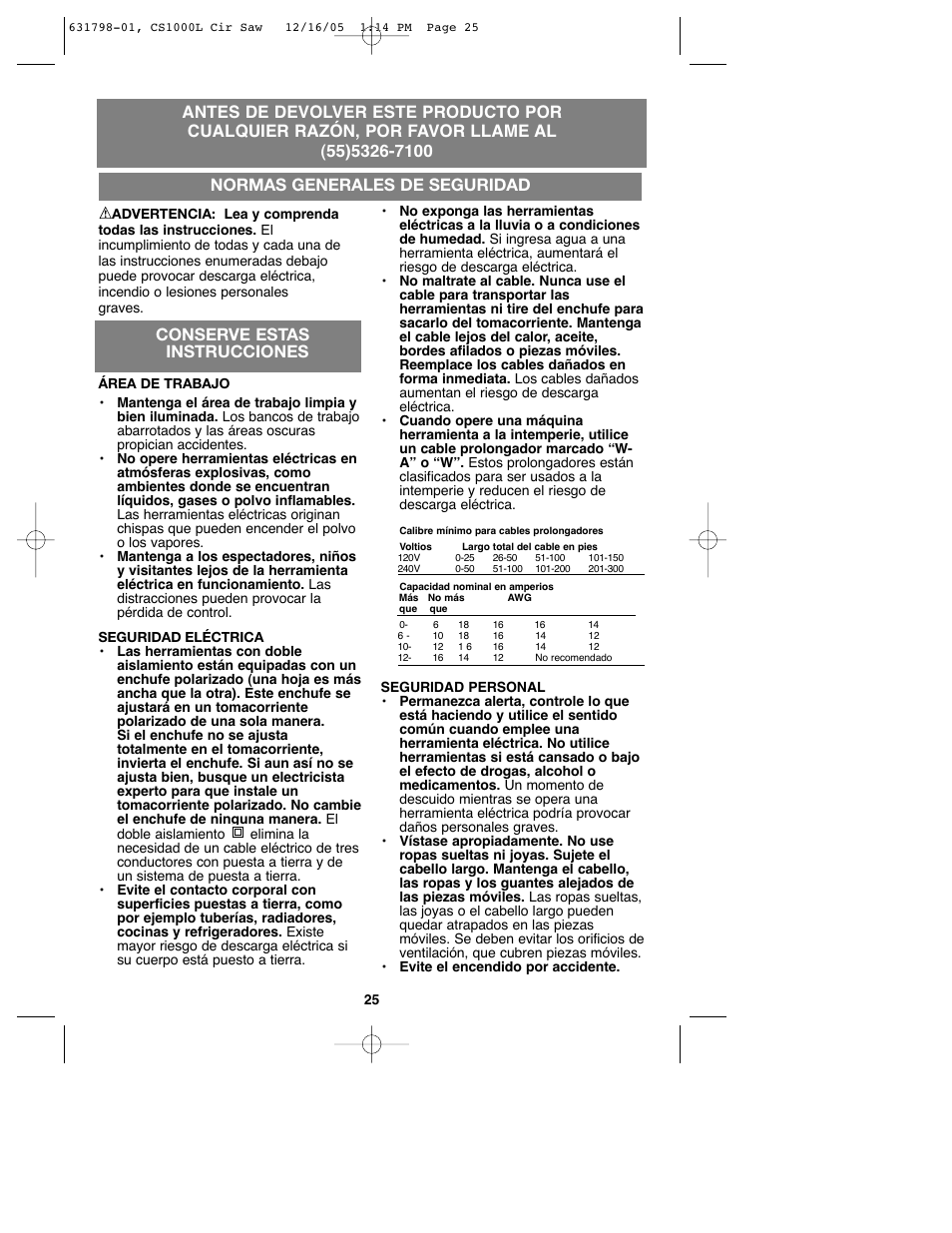 Normas generales de seguridad, Save conserve estas instr instrucciones ucciones t | Black & Decker CS1000L User Manual | Page 25 / 38