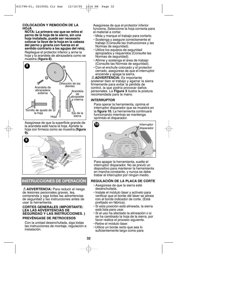 Instrucciones de operación | Black & Decker CS1000L User Manual | Page 32 / 38
