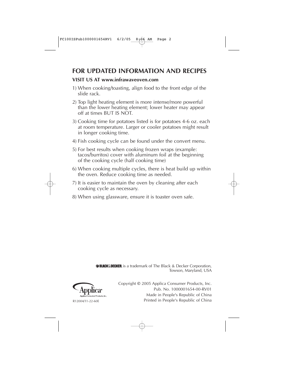 For updated information and recipes | Black & Decker INFRAWAVE FC100 User Manual | Page 2 / 2