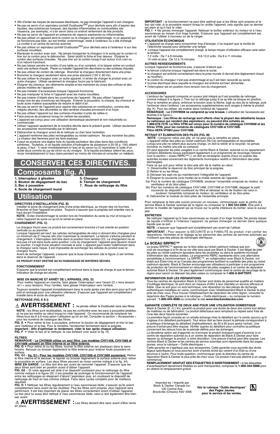 Avertissement | Black & Decker DustBuster CHV1408 User Manual | Page 3 / 5