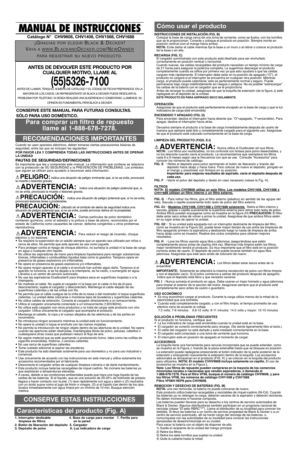 Manual de instrucciones, Advertencia, Conserve estas instrucciones | Peligro, Precaución | Black & Decker DustBuster CHV1408 User Manual | Page 4 / 5