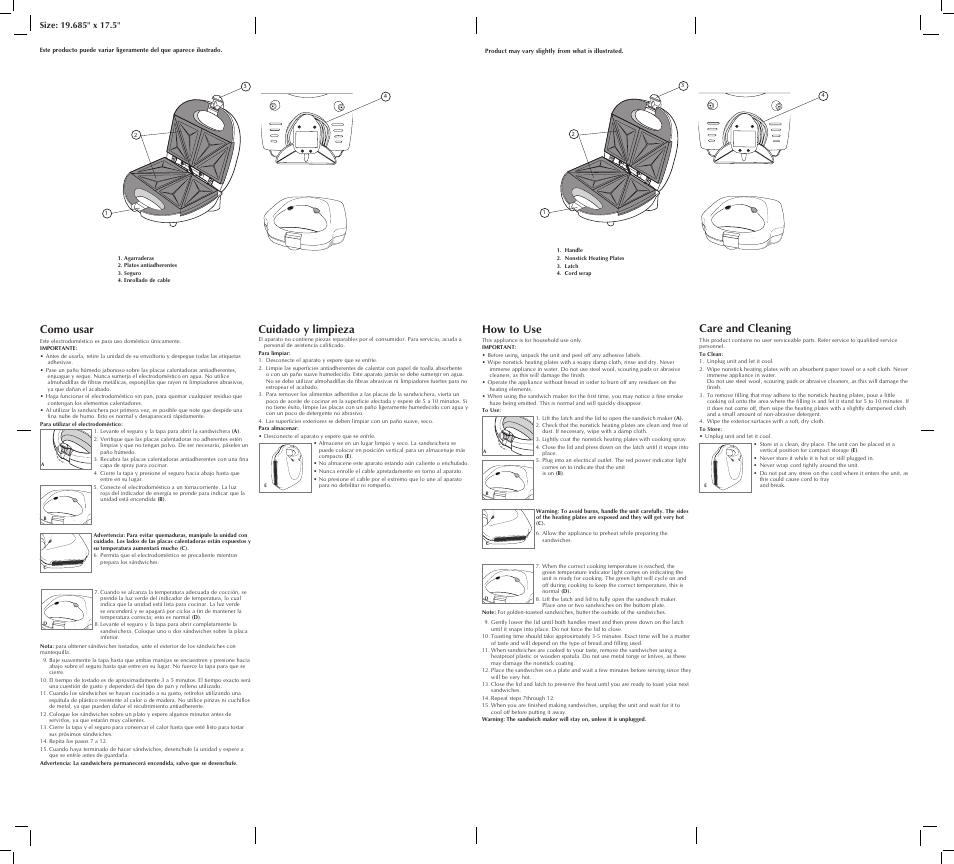 How to use, Care and cleaning, Como usar | Cuidado y limpieza | Black & Decker G605W User Manual | Page 2 / 2