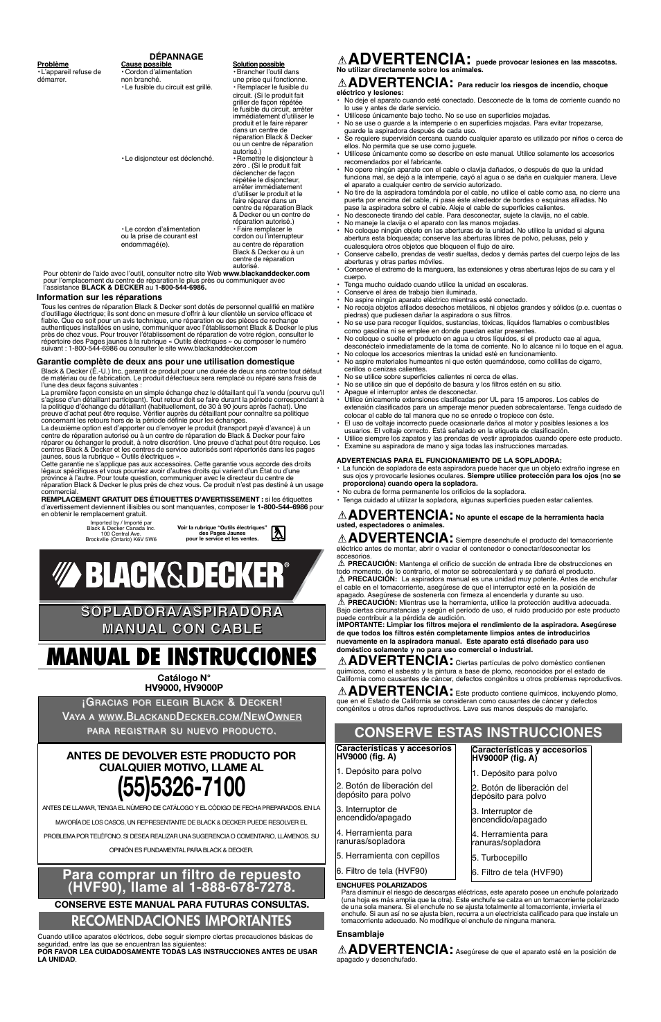Manual de instrucciones, Advertencia, Conserve estas instrucciones | Black & Decker HV9000P User Manual | Page 4 / 5