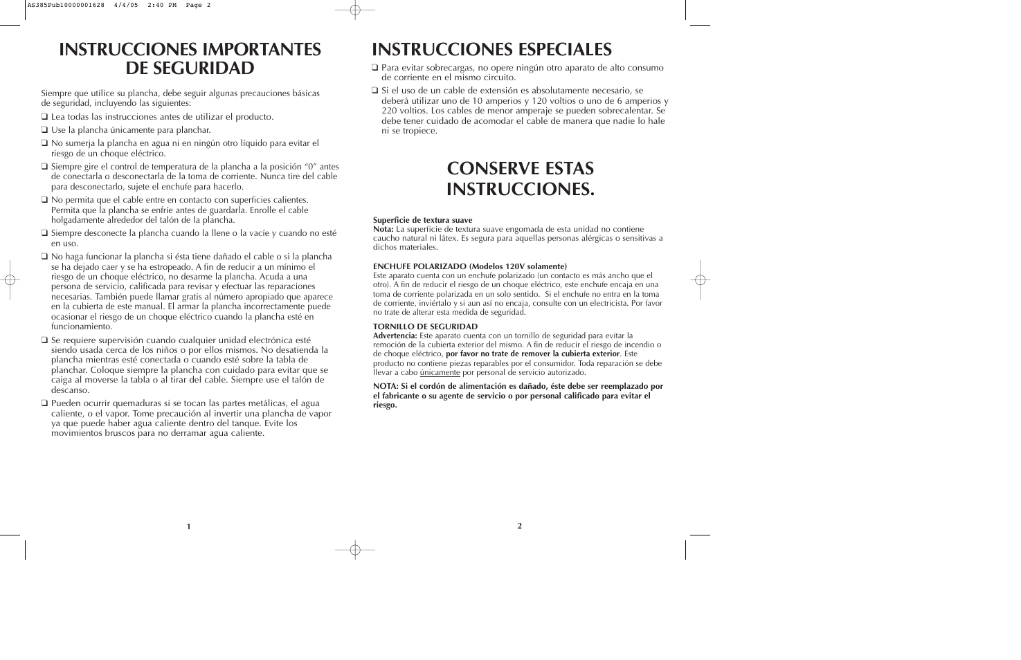 Instrucciones importantes de seguridad, Instrucciones especiales, Conserve estas instrucciones | Black & Decker AS385 User Manual | Page 2 / 11
