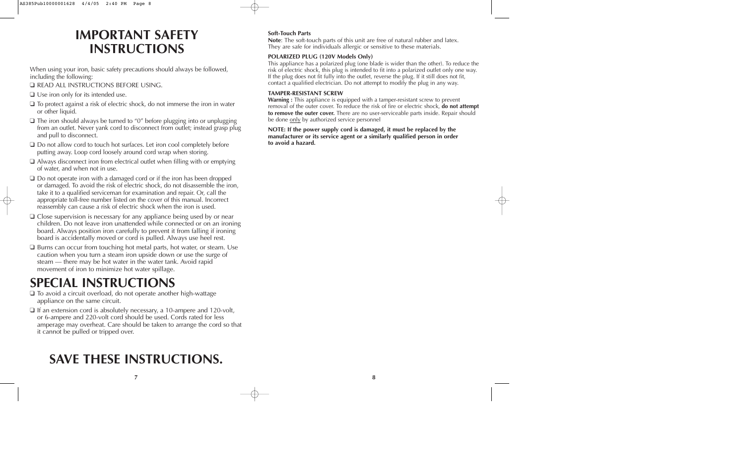 Special instructions | Black & Decker AS385 User Manual | Page 5 / 11