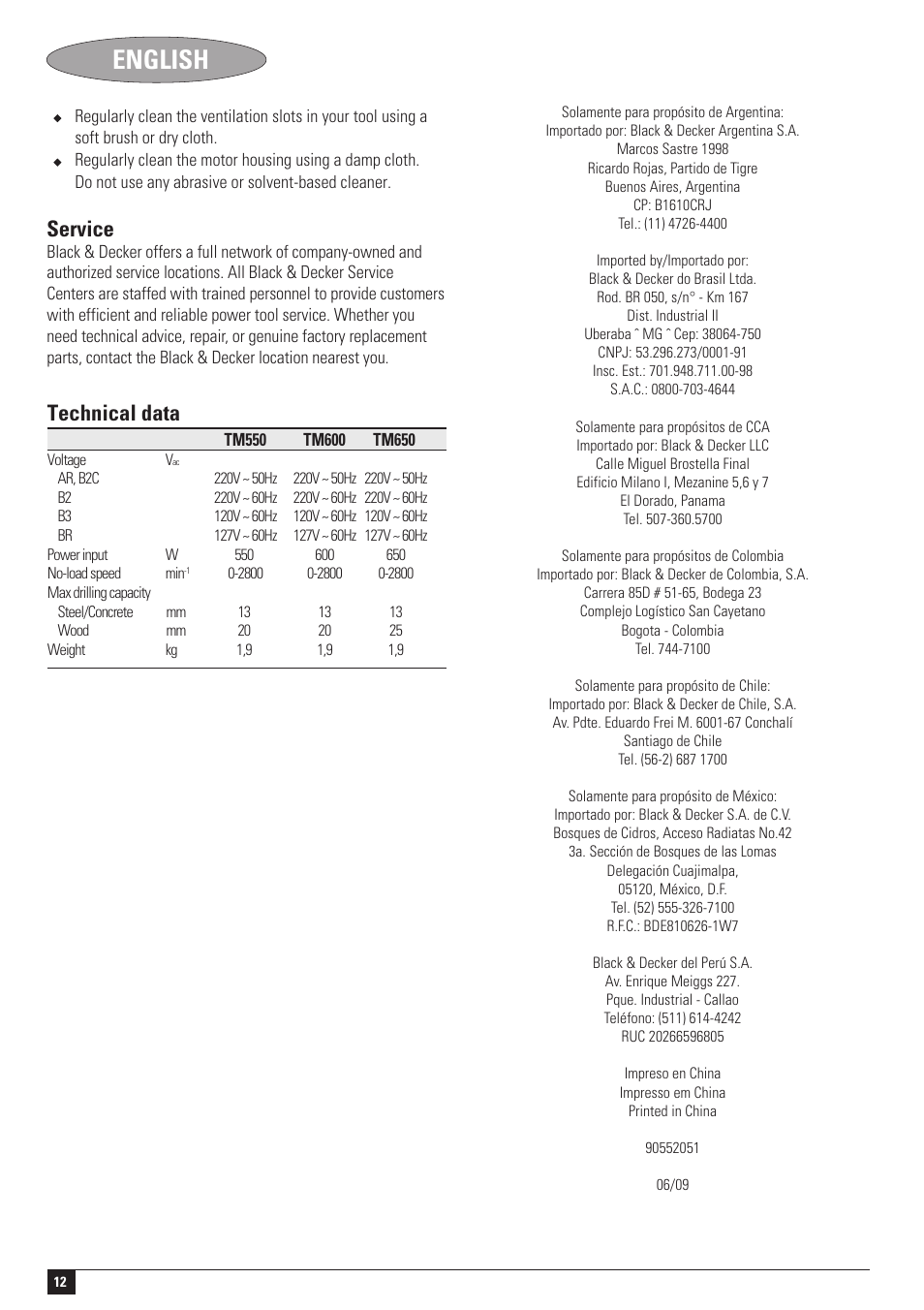 English, Service, Technical data | Black & Decker Linea Pro TM650 User Manual | Page 12 / 12