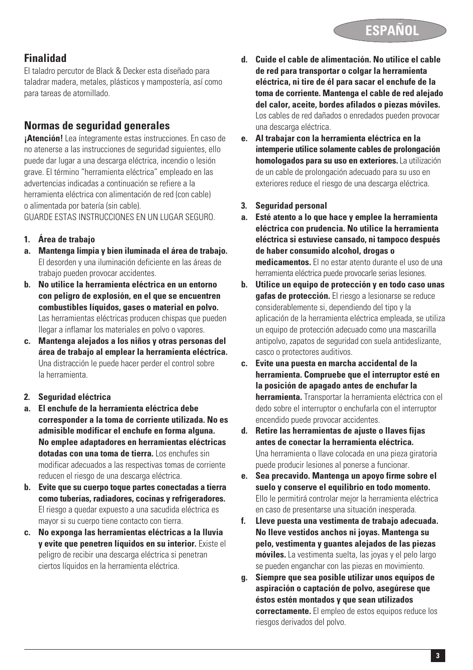 Español, Finalidad, Normas de seguridad generales | Black & Decker Linea Pro TM650 User Manual | Page 3 / 12