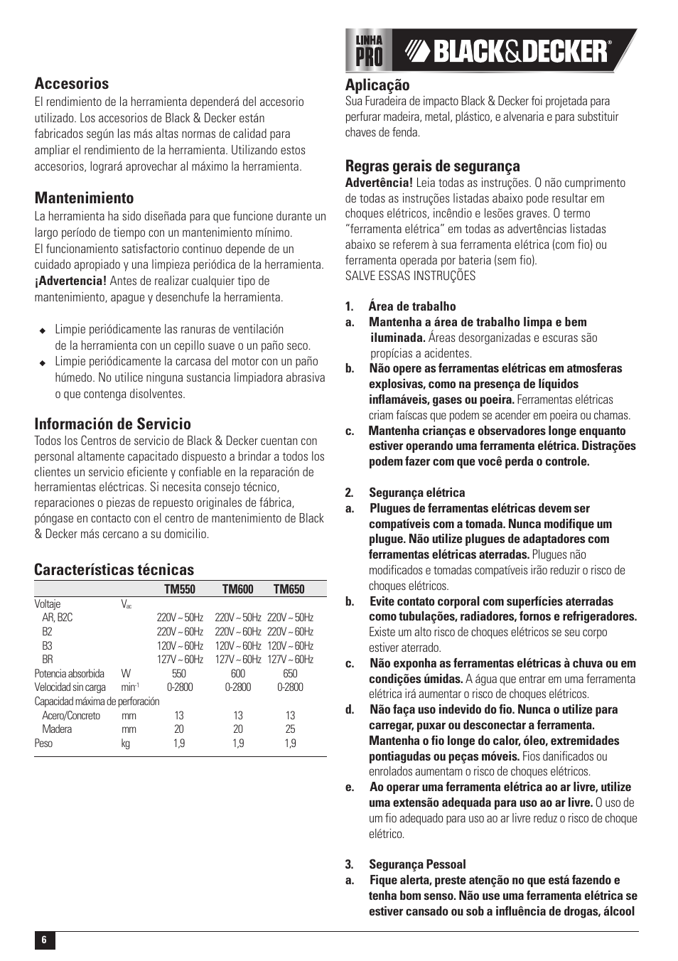 Mantenimiento, Información de servicio, Accesorios | Características técnicas, Aplicação, Regras gerais de segurança | Black & Decker Linea Pro TM650 User Manual | Page 6 / 12