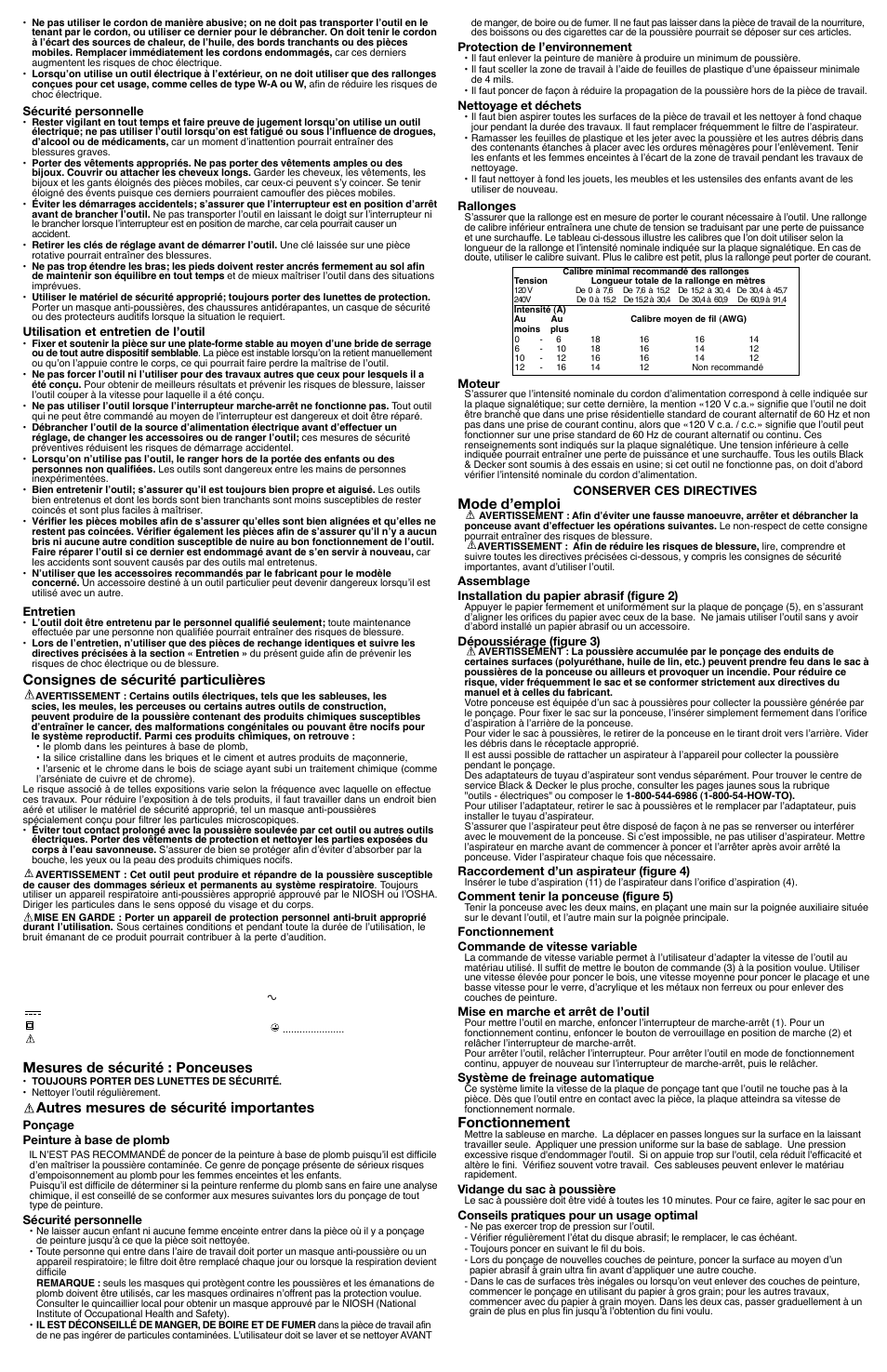 Consignes de sécurité particulières, Mesures de sécurité : ponceuses, Autres mesures de sécurité importantes | Mode d’emploi, Fonctionnement | Black & Decker Fire Storm FS4000ROS User Manual | Page 3 / 5