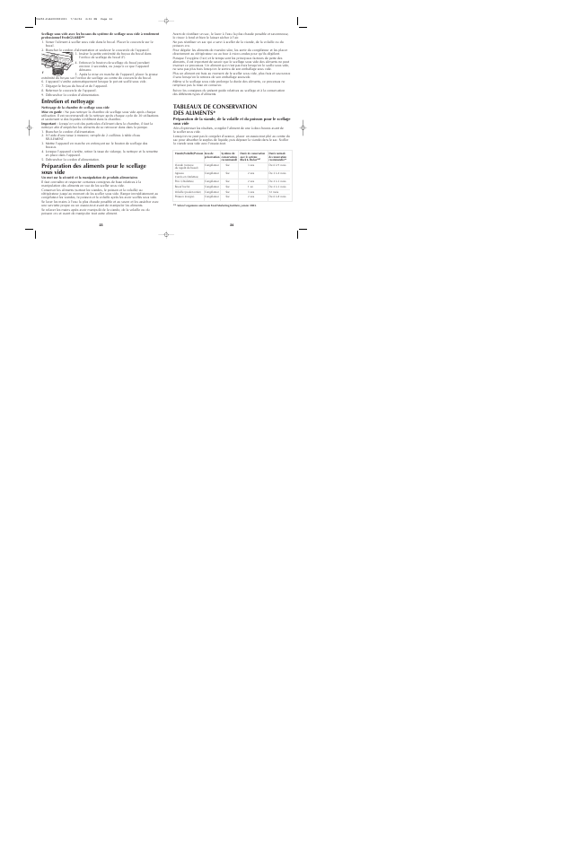 Tableaux de conservation des aliments, Entretien et nettoyage | Black & Decker FRESHGUARD VS450 User Manual | Page 13 / 17
