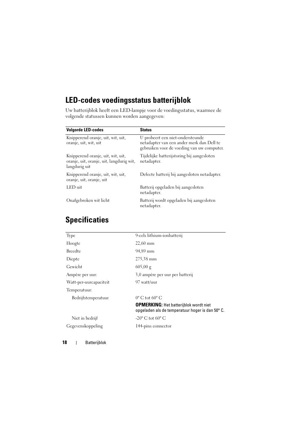 Led-codes voedingsstatus batterijblok, Specificaties | Dell Latitude E5520M (Early 2011) User Manual | Page 20 / 88