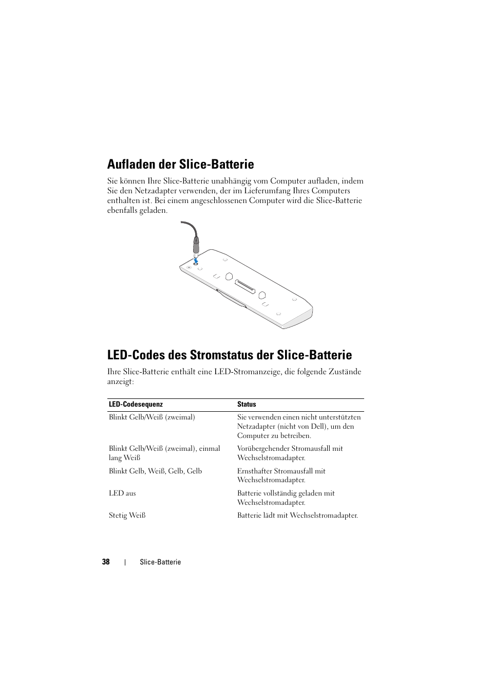 Aufladen der slice-batterie, Led-codes des stromstatus der slice-batterie | Dell Latitude E5520M (Early 2011) User Manual | Page 40 / 88