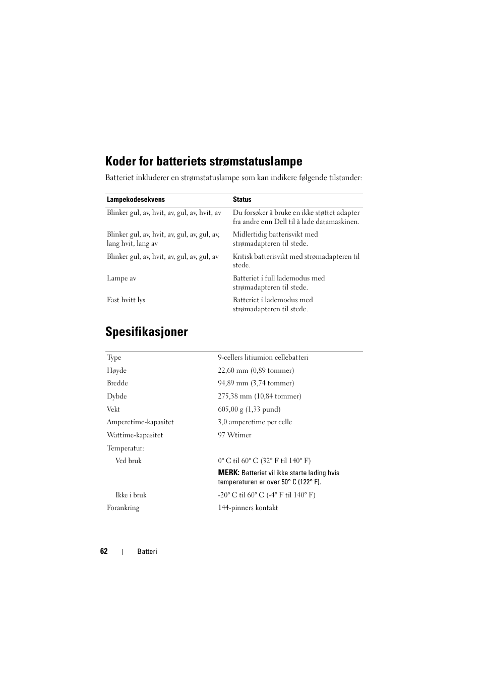 Koder for batteriets strømstatuslampe, Spesifikasjoner | Dell Latitude E5520M (Early 2011) User Manual | Page 64 / 88