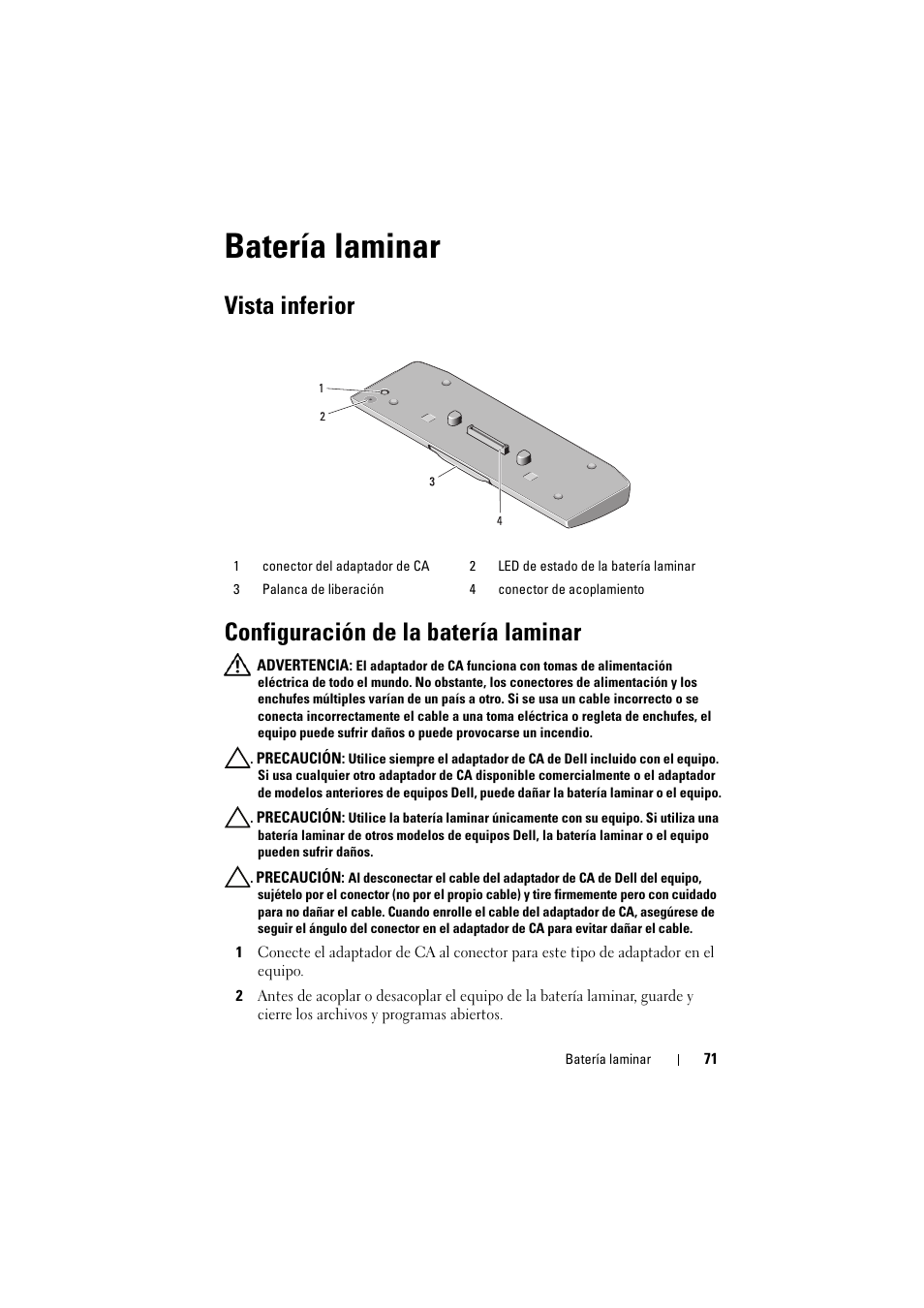 Batería laminar, Vista inferior configuración de la batería laminar | Dell Latitude E5520M (Early 2011) User Manual | Page 73 / 88