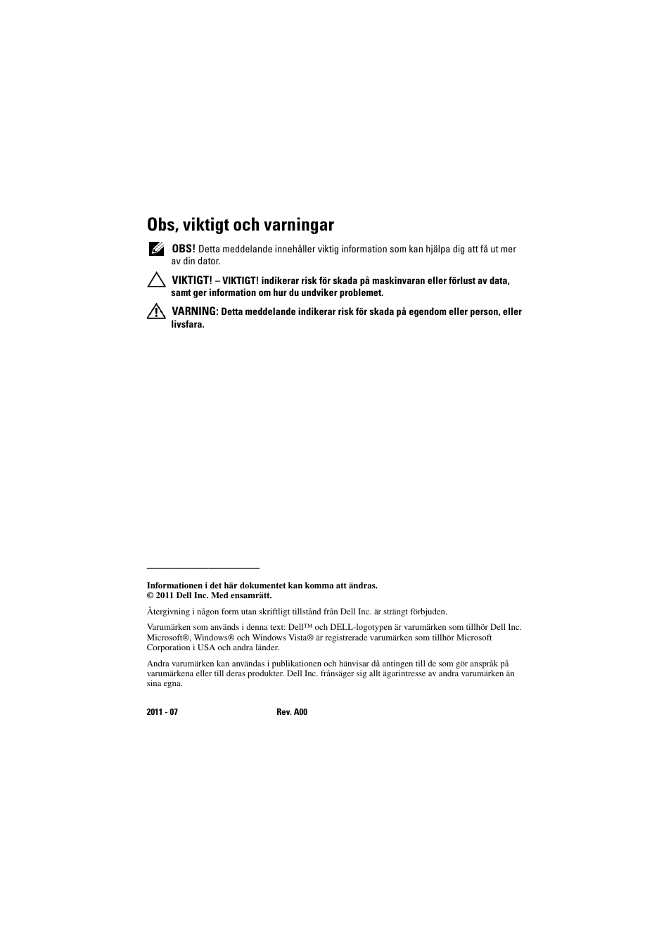 Obs, viktigt och varningar | Dell Latitude E5520M (Early 2011) User Manual | Page 78 / 88