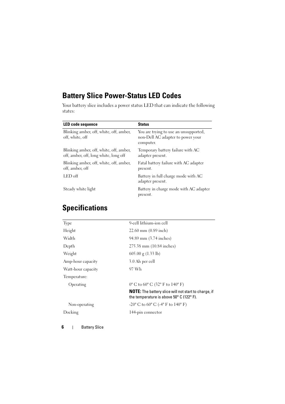 Battery slice power-status led codes, Specifications | Dell Latitude E5520M (Early 2011) User Manual | Page 8 / 88