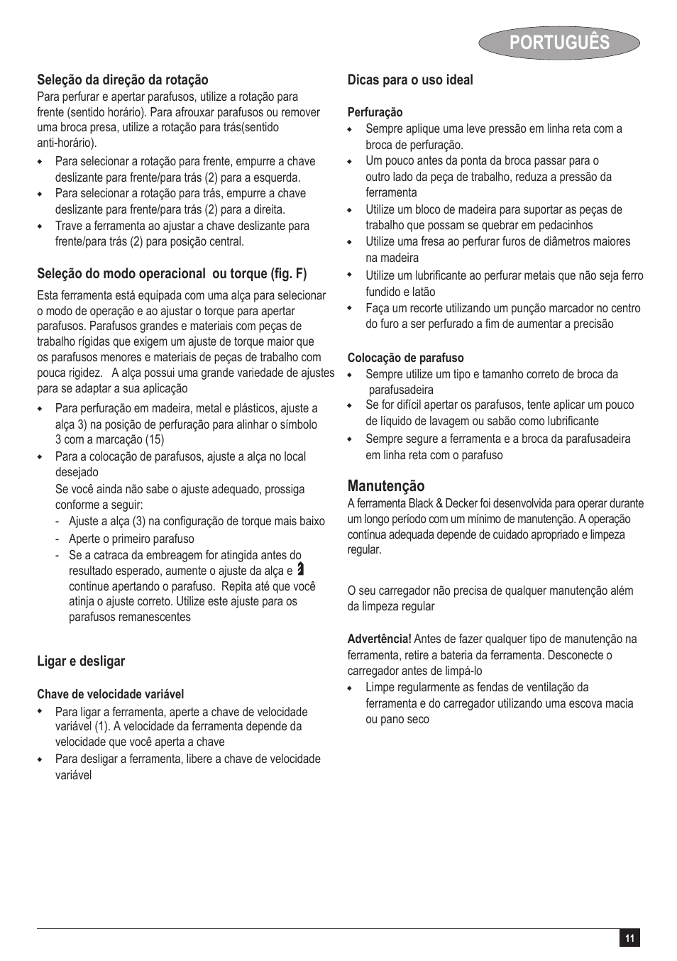 Português, Manutenção | Black & Decker GC1200 User Manual | Page 11 / 18