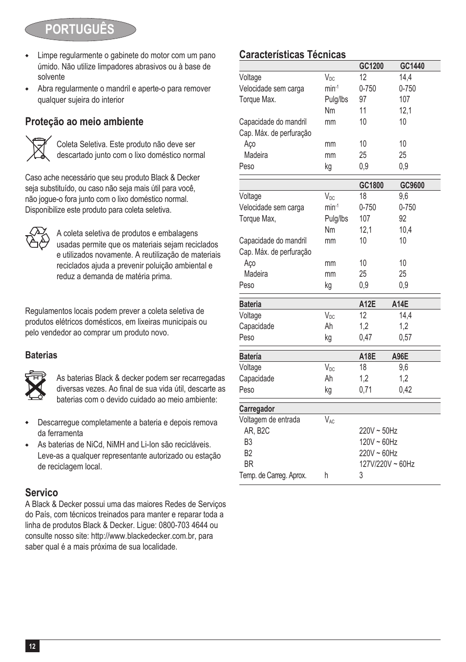 Português, Proteção ao meio ambiente servico, Características técnicas | Black & Decker GC1200 User Manual | Page 12 / 18