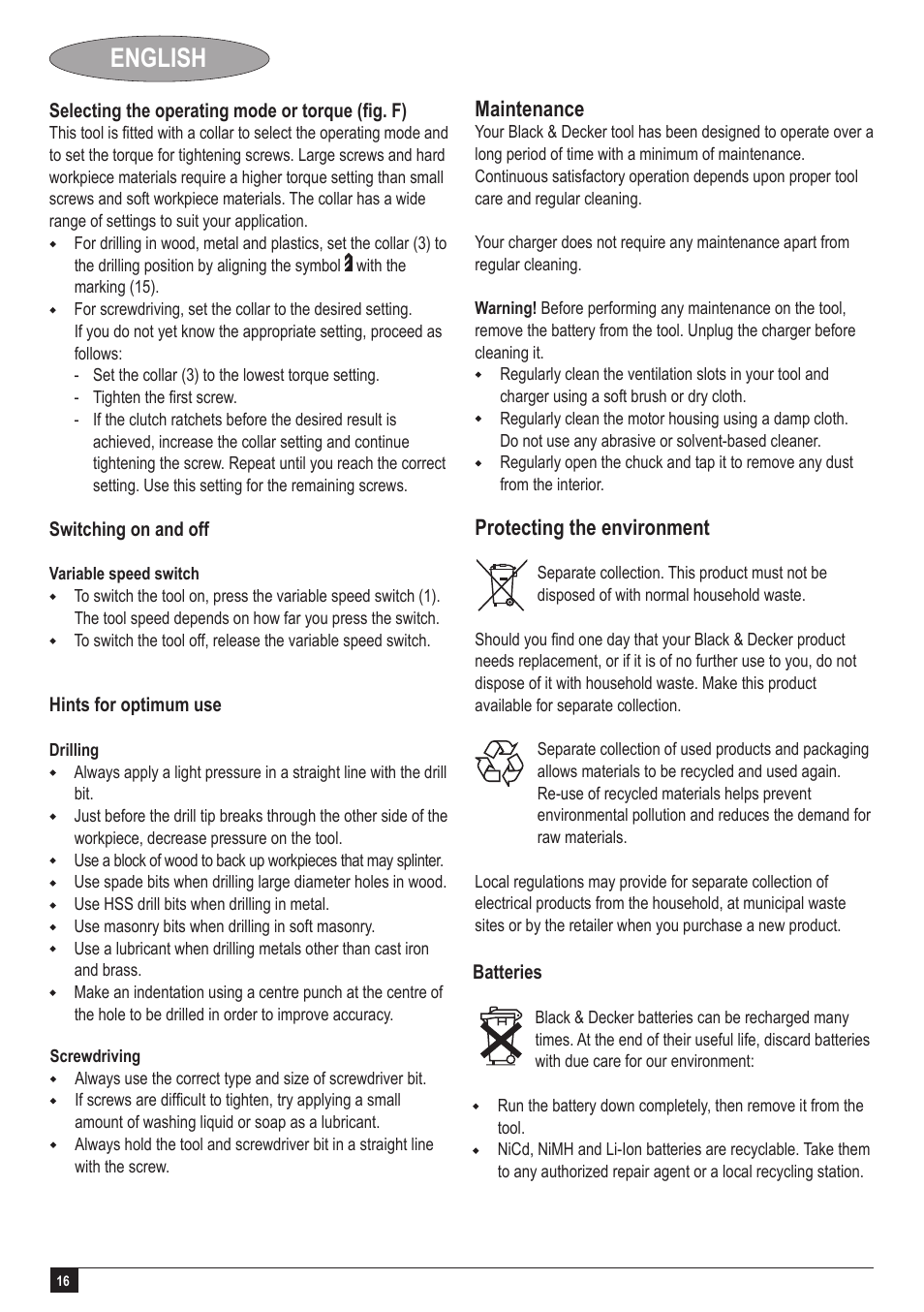 English, Maintenance, Protecting the environment | Black & Decker GC1200 User Manual | Page 16 / 18