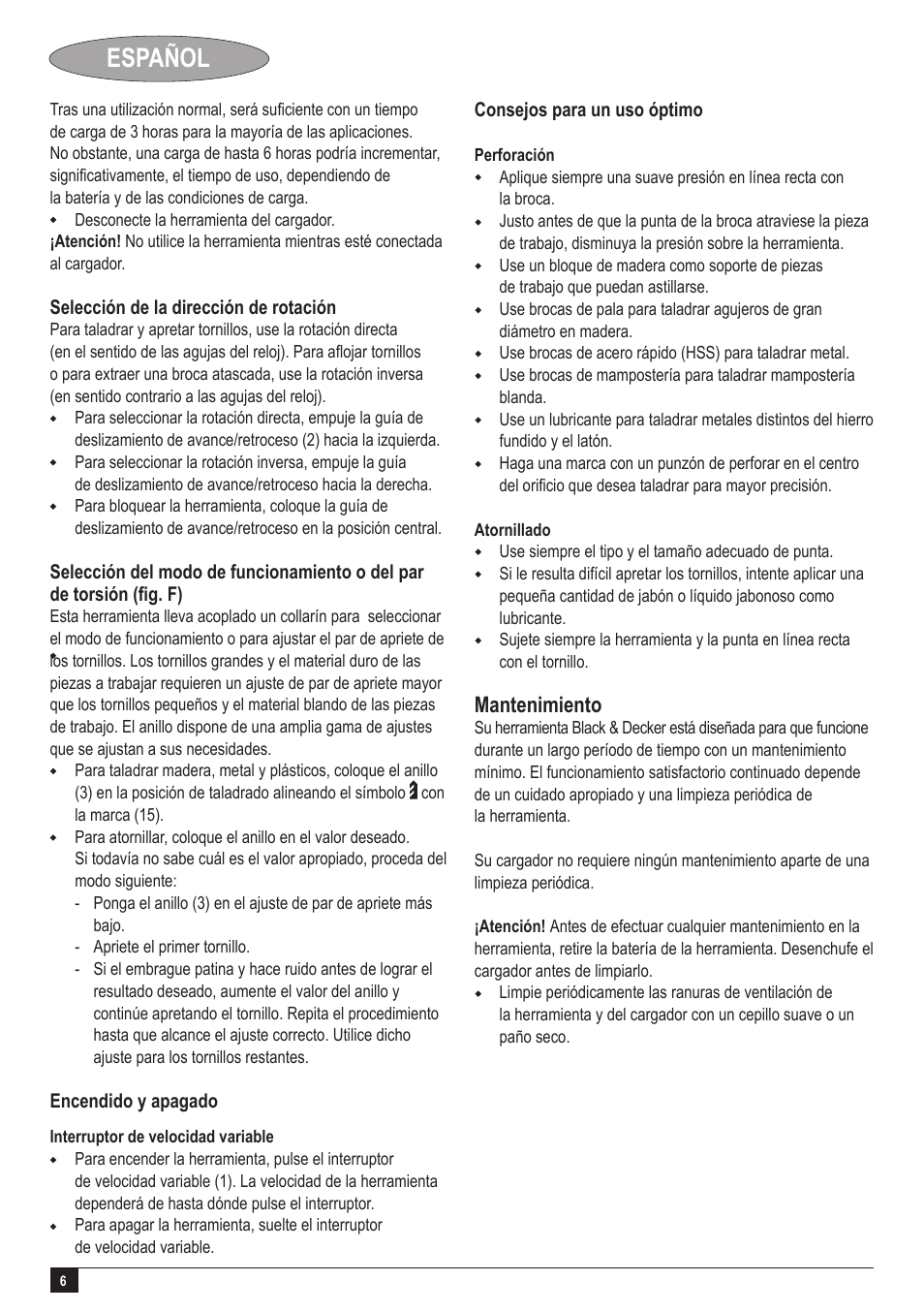 Español, Mantenimiento | Black & Decker GC1200 User Manual | Page 6 / 18