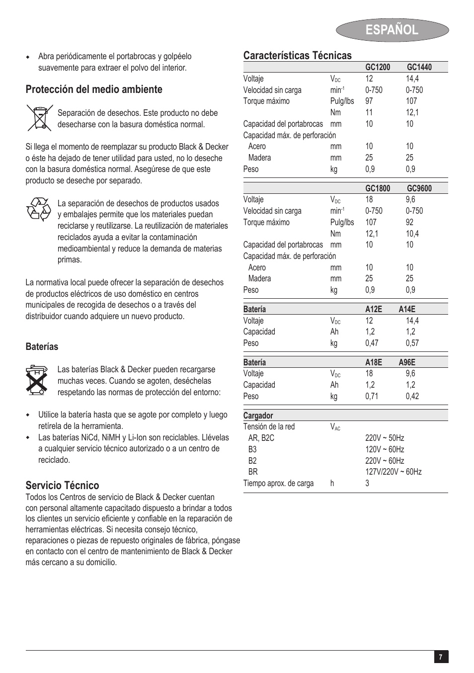 Español, Protección del medio ambiente servicio técnico, Características técnicas | Black & Decker GC1200 User Manual | Page 7 / 18
