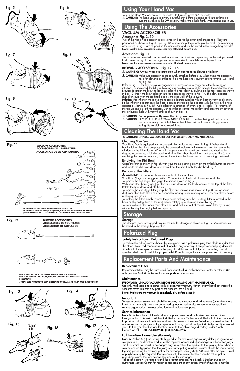 Replacement parts and maintenance, Storage, Vacuum accessories | Black & Decker Dirt Buster 244279-00 User Manual | Page 2 / 5