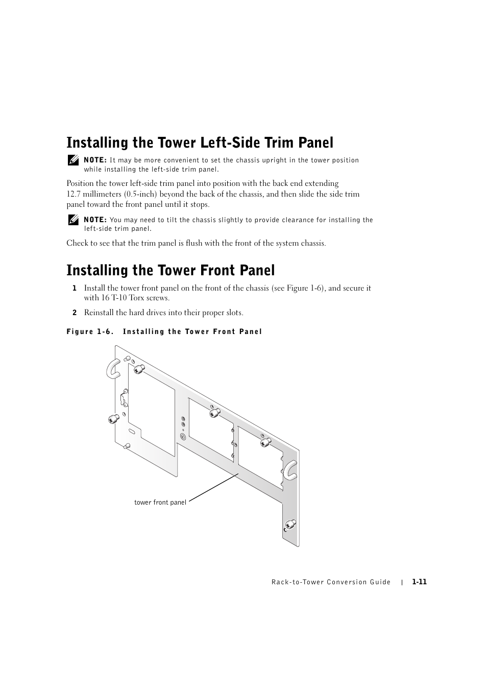 Installing the tower left-side trim panel, Installing the tower front panel, Installing the tower left-side trim panel -11 | Installing the tower front panel -11 | Dell PowerEdge 2600 User Manual | Page 15 / 90