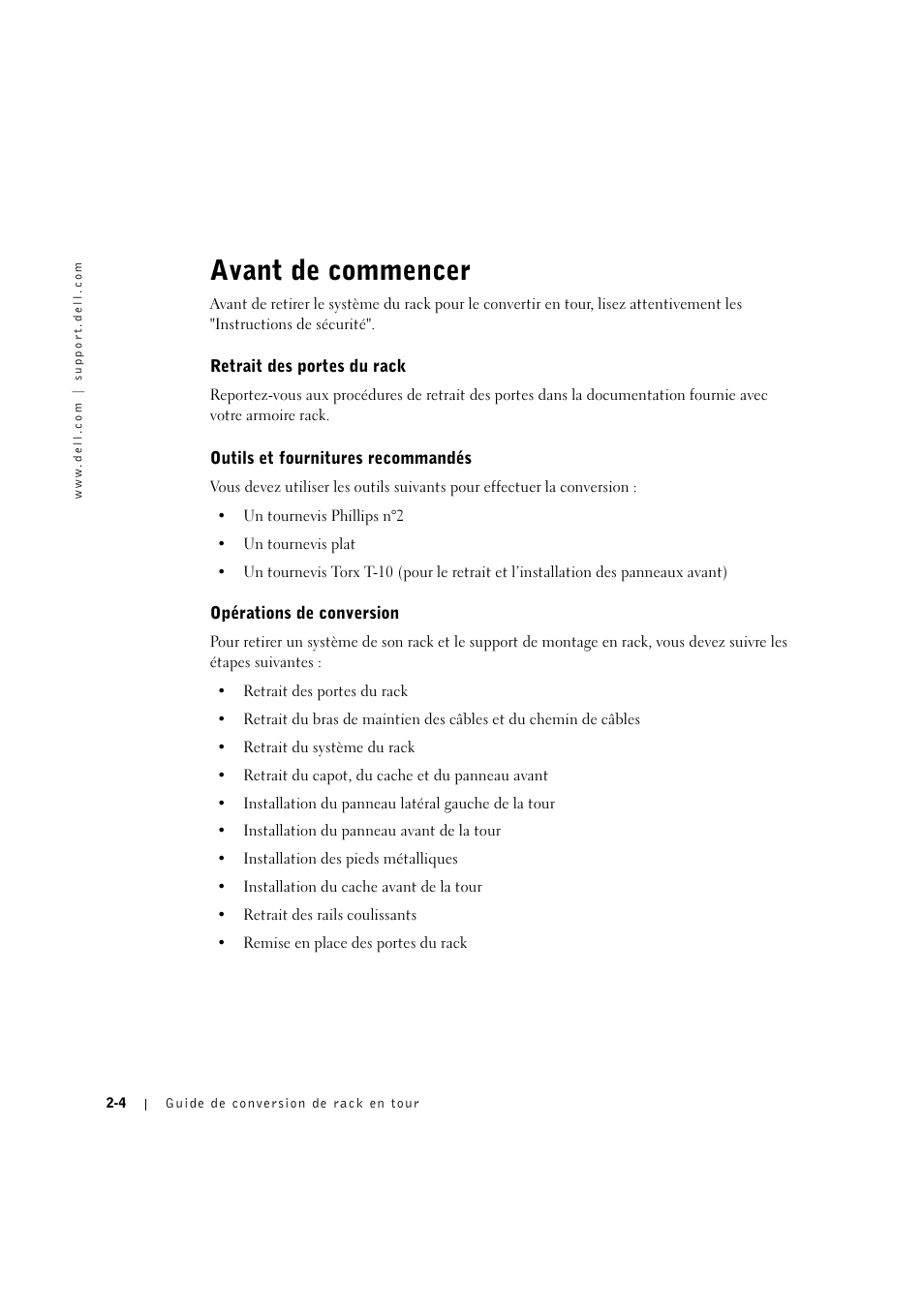 Avant de commencer, Retrait des portes du rack, Outils et fournitures recommandés | Opérations de conversion, Avant de commencer -4, Outils et fournitures recommandés -4, Opérations de conversion -4, Retrait des portes du rack -5 | Dell PowerEdge 2600 User Manual | Page 26 / 90