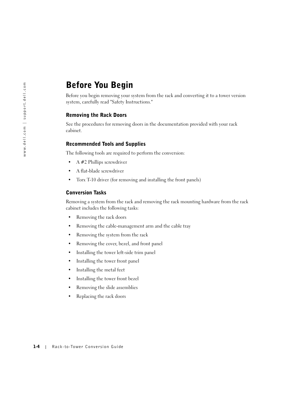 Before you begin, Removing the rack doors, Recommended tools and supplies | Conversion tasks, Before you begin -4, Recommended tools and supplies -4, Conversion tasks -4, Replacing the rack doors -13 | Dell PowerEdge 2600 User Manual | Page 8 / 90