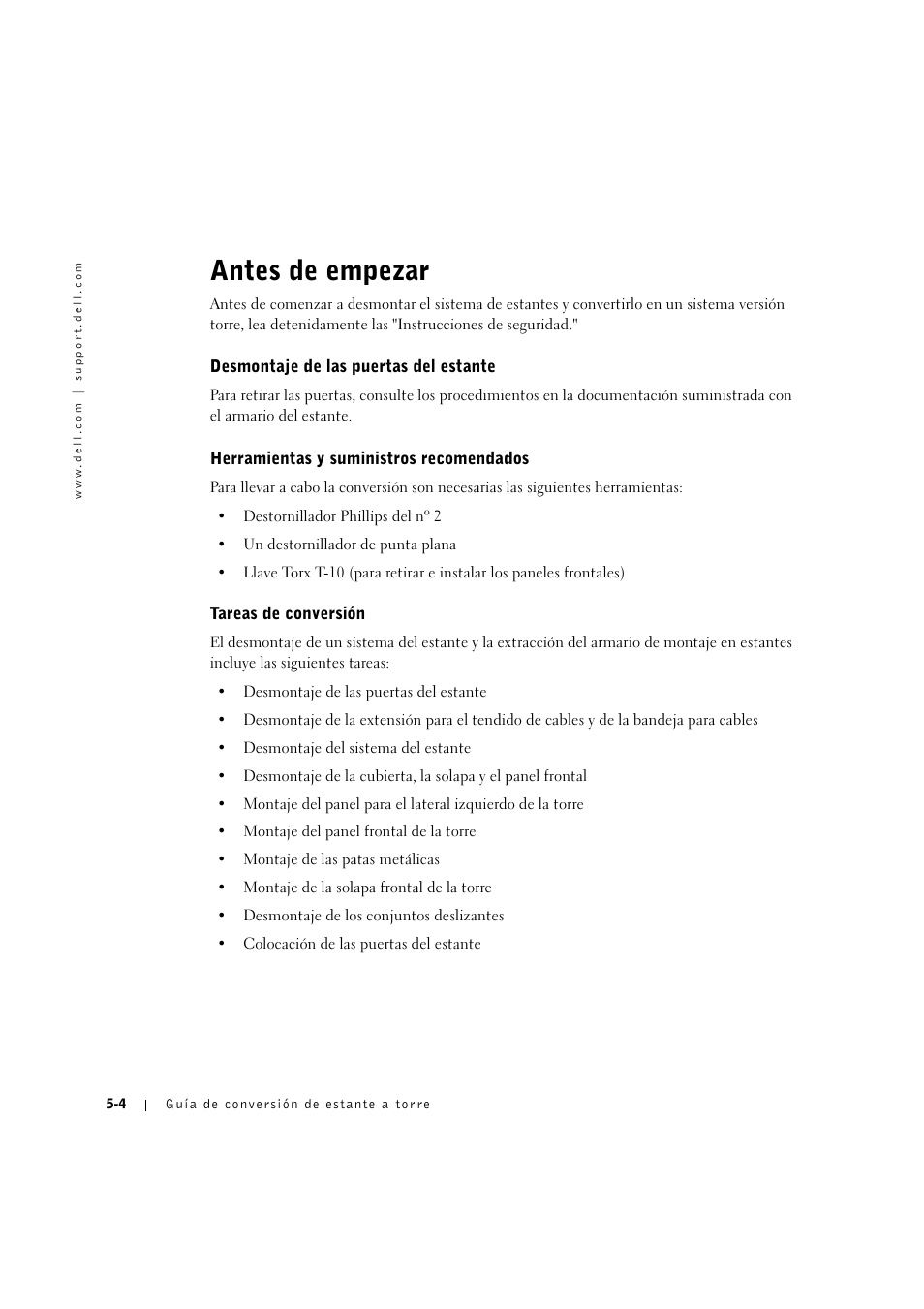 Antes de empezar, Desmontaje de las puertas del estante, Herramientas y suministros recomendados | Tareas de conversión, Antes de empezar -4, Herramientas y suministros recomendados -4, Tareas de conversión -4, Desmontaje de las puertas del estante -5 | Dell PowerEdge 2600 User Manual | Page 80 / 90