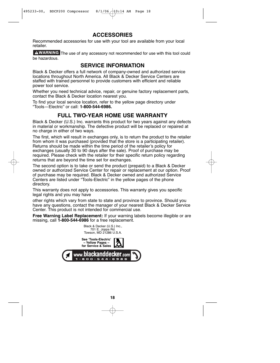 Accessories, Service information, Full two-year home use warranty | Black & Decker 495233-00 User Manual | Page 18 / 51