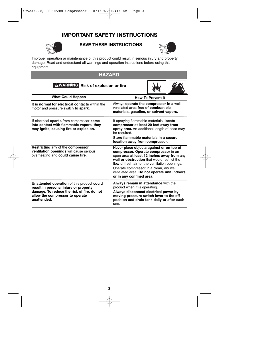 Important safety instructions, Hazard | Black & Decker 495233-00 User Manual | Page 3 / 51