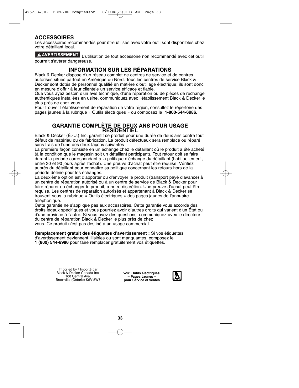 Accessoires, Information sur les réparations | Black & Decker 495233-00 User Manual | Page 33 / 51