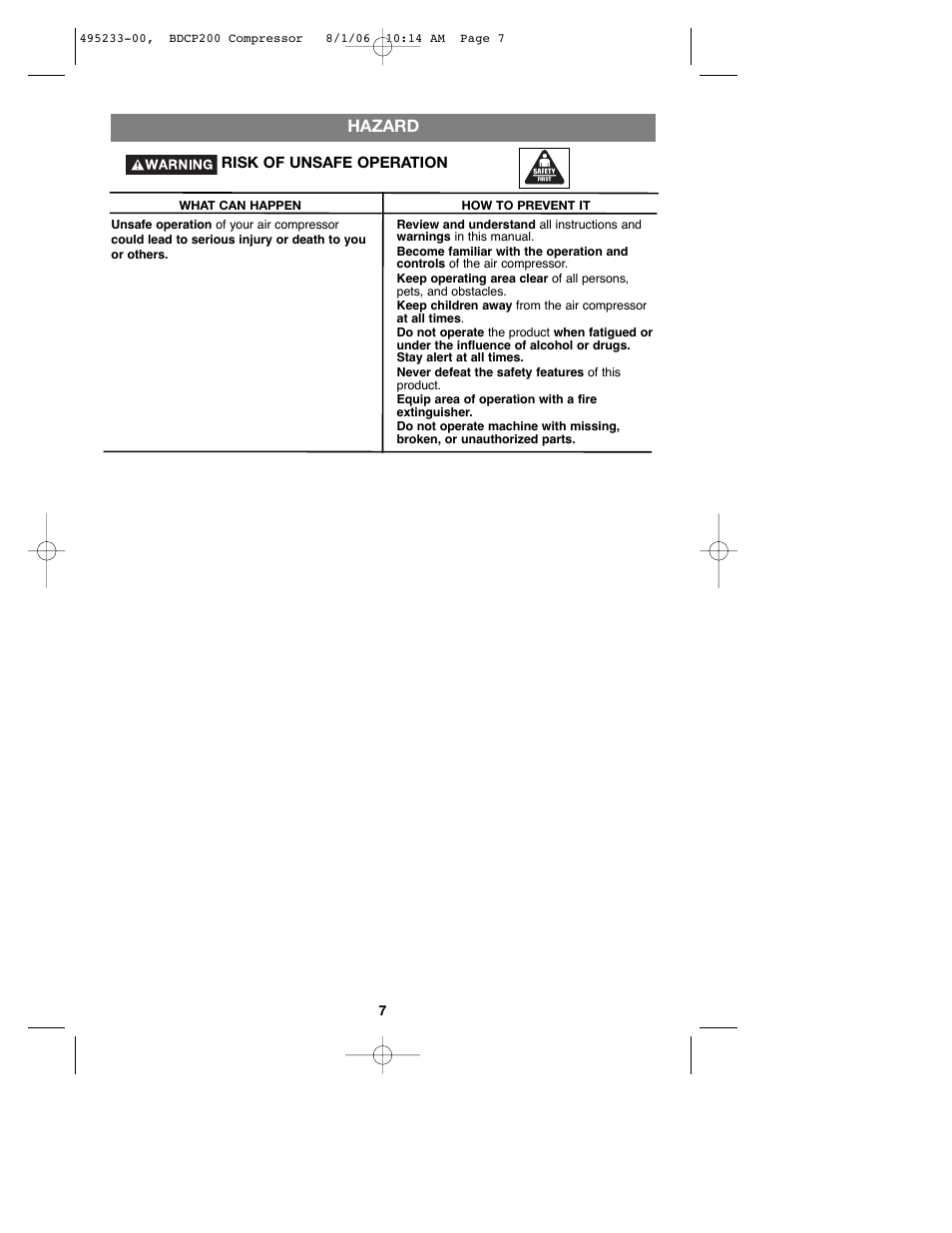 Hazard | Black & Decker 495233-00 User Manual | Page 7 / 51
