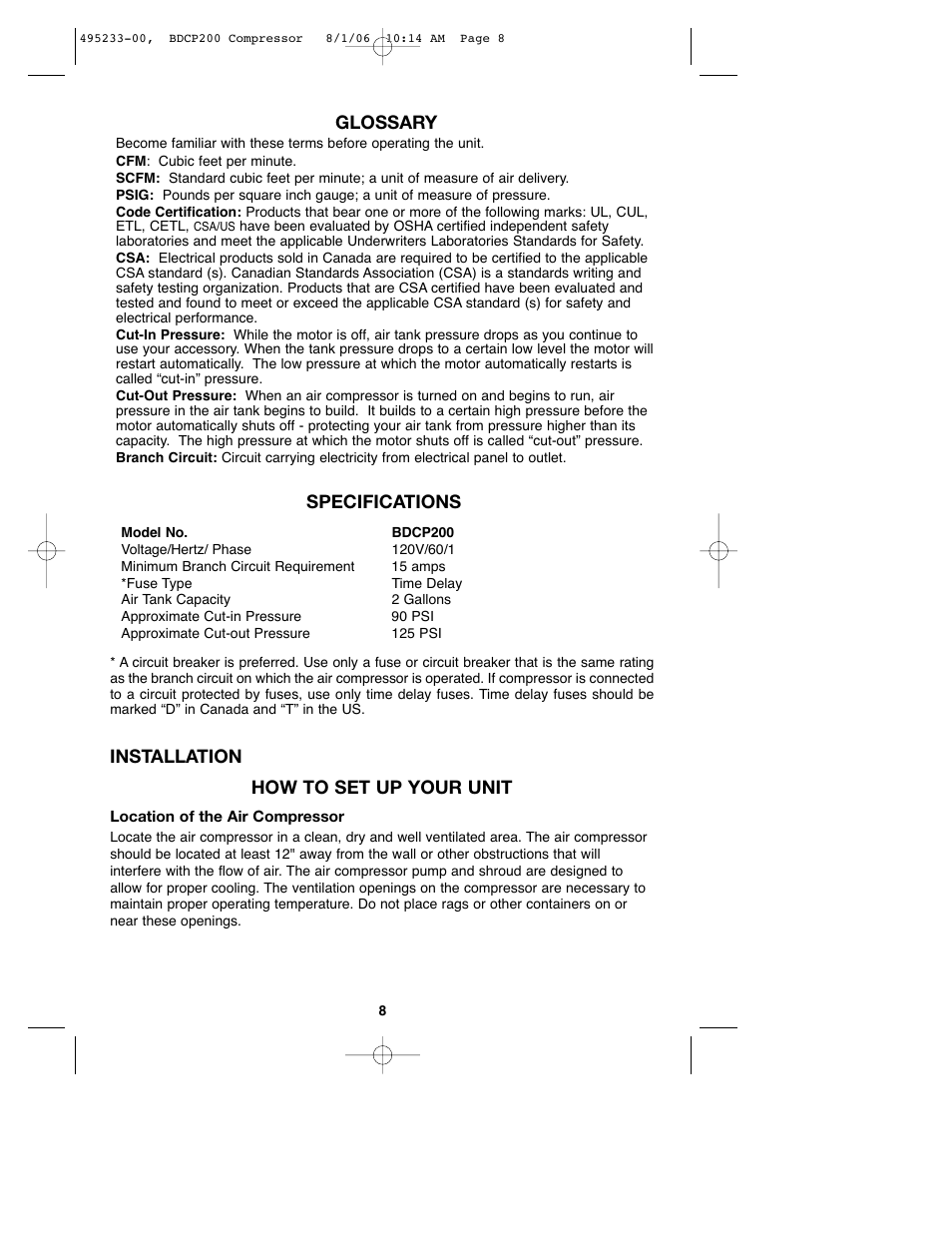 Glossary, Specifications, Installation | How to set up your unit | Black & Decker 495233-00 User Manual | Page 8 / 51