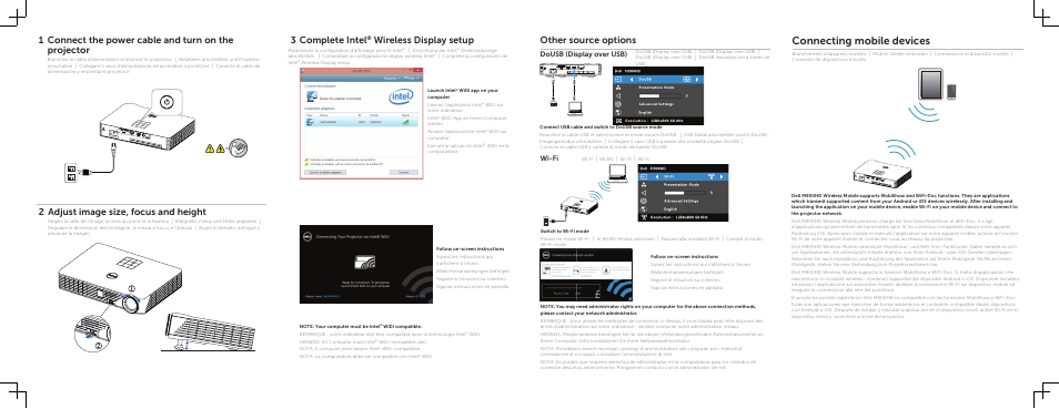 Connecting mobile devices, Connect the power cable and turn on the projector, Adjust image size, focus and height | 3 complete intel, Wireless display setup other source options, Wi-fi dousb (display over usb) | Dell Mobile Projector M900HD User Manual | Page 2 / 2