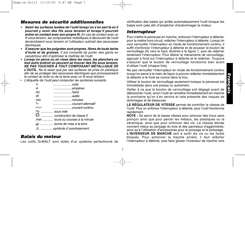 Français mesures de sécurité additionnelles, Balais du moteur, Interrupteur | Black & Decker ET1265 User Manual | Page 11 / 21