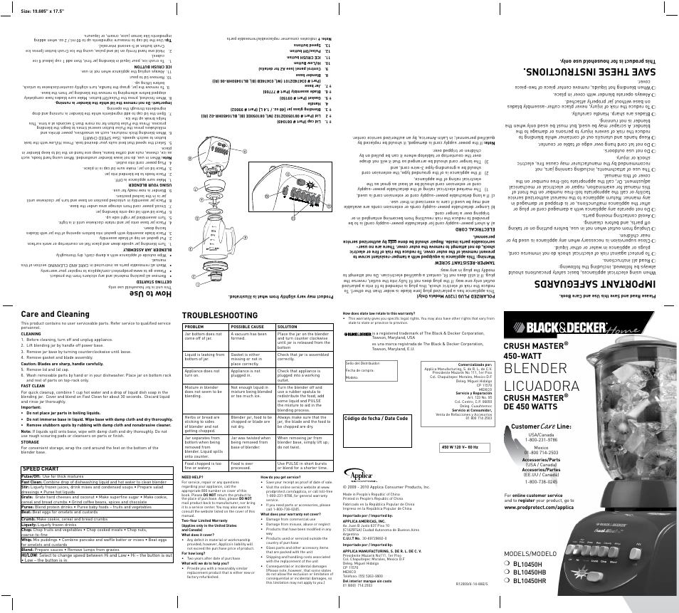 Black & Decker Crush Master BL10450HUC User Manual | 2 pages