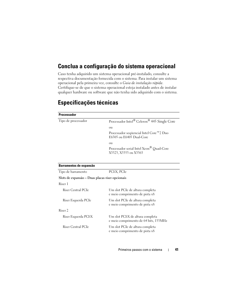 Conclua a configuração do sistema operacional, Especificações técnicas | Dell POWEREDGE 300 User Manual | Page 43 / 62
