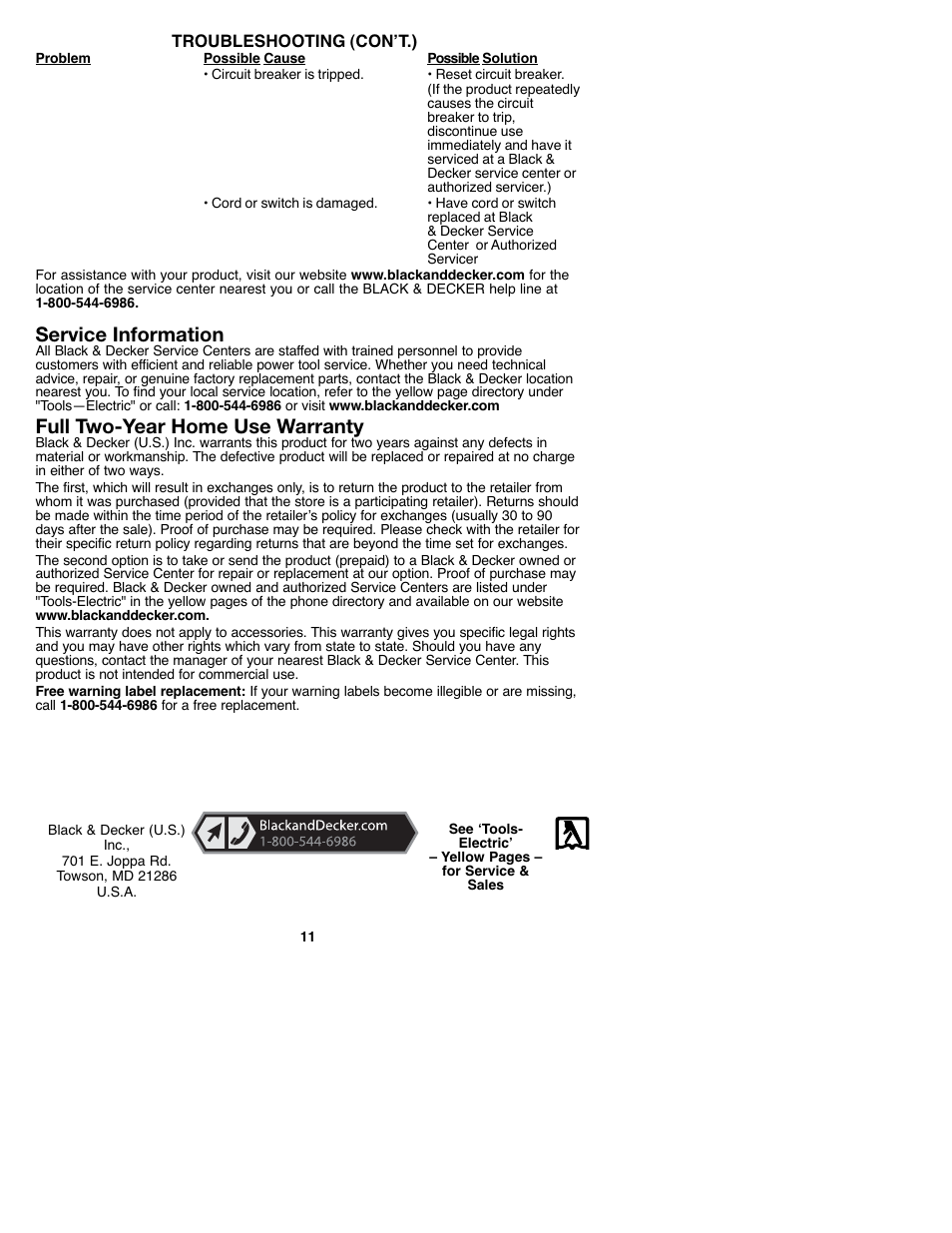 Service information, Full two-year home use warranty | Black & Decker MS2000 User Manual | Page 11 / 36