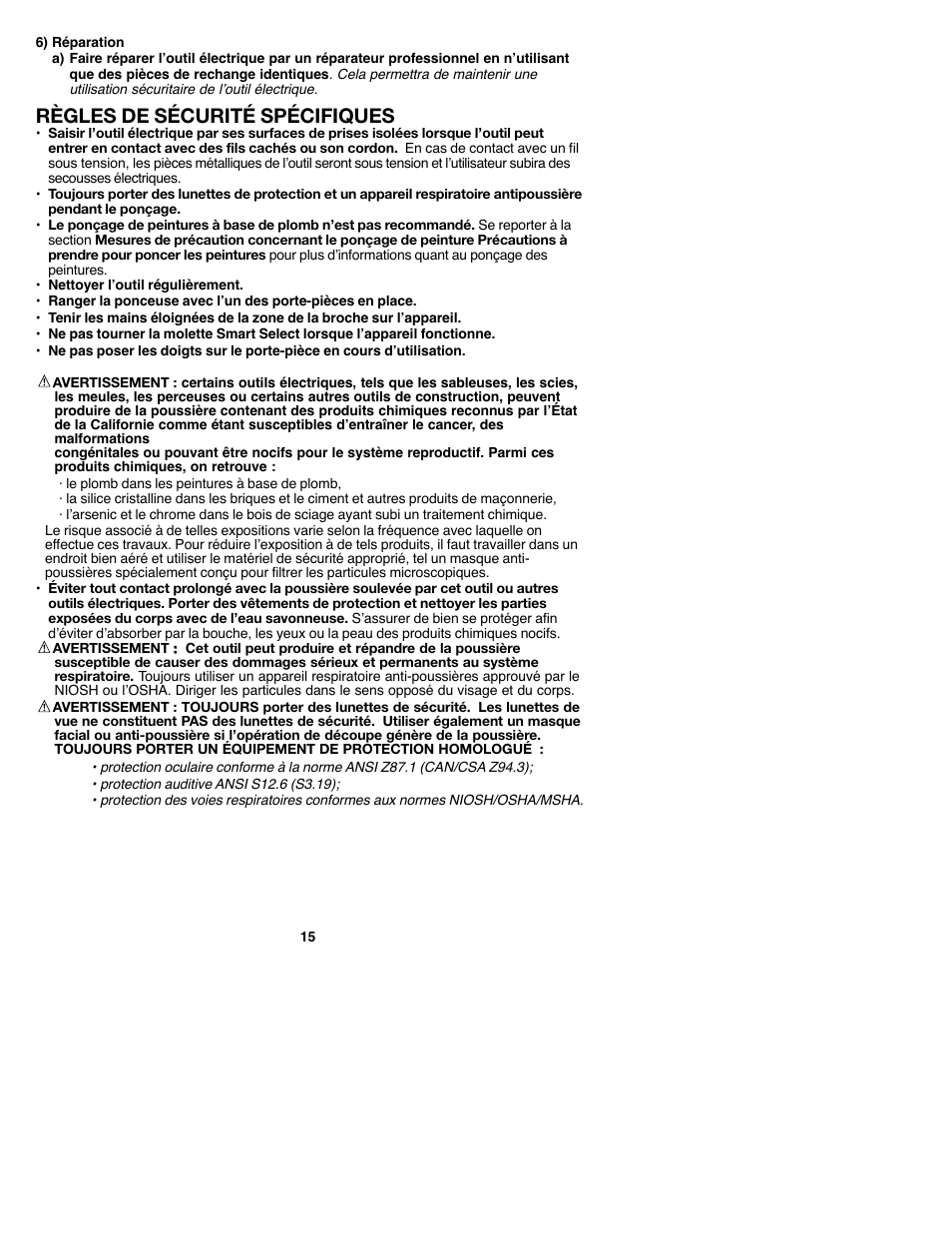 Règles de sécurité spécifiques | Black & Decker MS2000 User Manual | Page 15 / 36