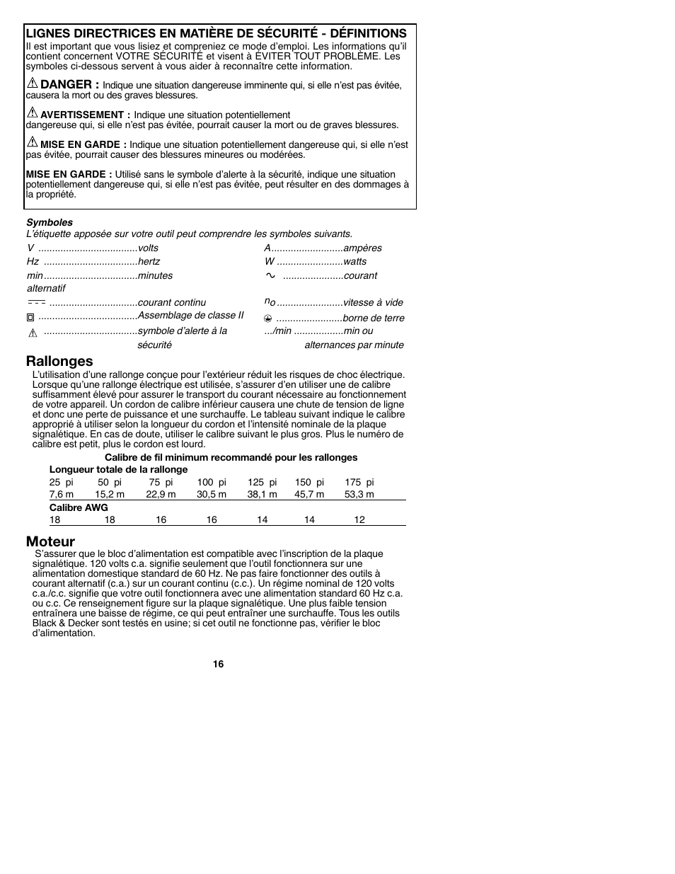 Rallonges, Moteur | Black & Decker MS2000 User Manual | Page 16 / 36