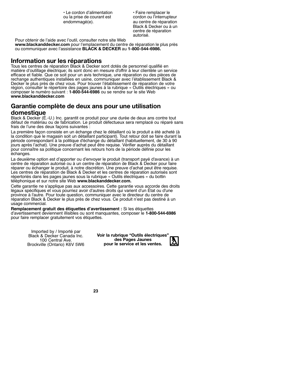 Information sur les réparations | Black & Decker MS2000 User Manual | Page 23 / 36