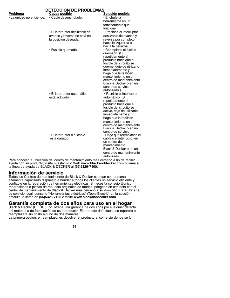 Información de servicio, Garantía completa de dos años para uso en el hogar | Black & Decker MS2000 User Manual | Page 35 / 36