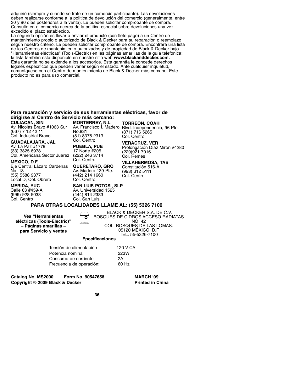 Black & Decker MS2000 User Manual | Page 36 / 36