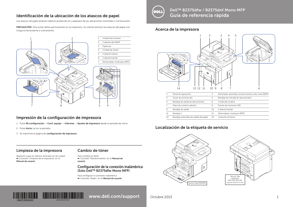 Guía de referencia rápida, Impresión de la configuración de impresora, Limpieza de la impresora | Cambio de tóner, Configuración de la conexión inalámbrica | Dell B2375dfw Mono Multifunction Printer User Manual | Page 5 / 6